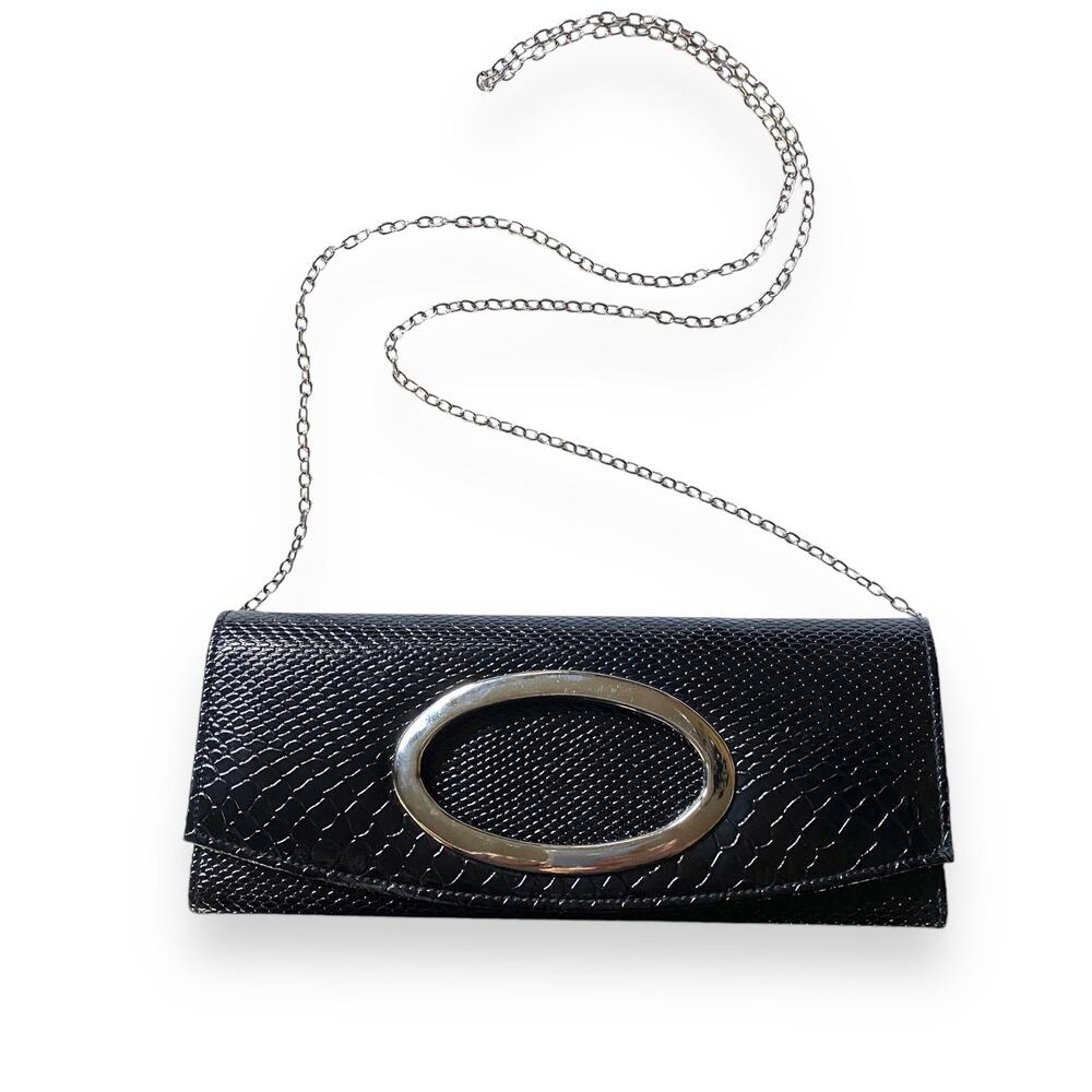 VNTG 90s Patent Snake Embossed East West HandBag Purse Black Chain Strap Clutch